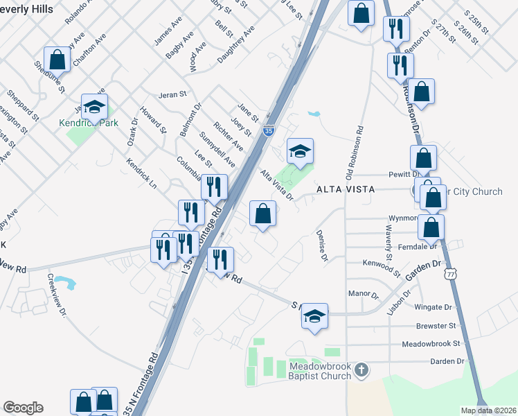 map of restaurants, bars, coffee shops, grocery stores, and more near 3900 North Interstate 35 Frontage Road in Waco