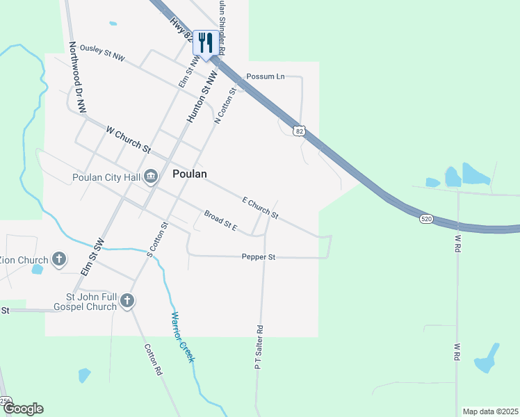 map of restaurants, bars, coffee shops, grocery stores, and more near East Church Street in Poulan