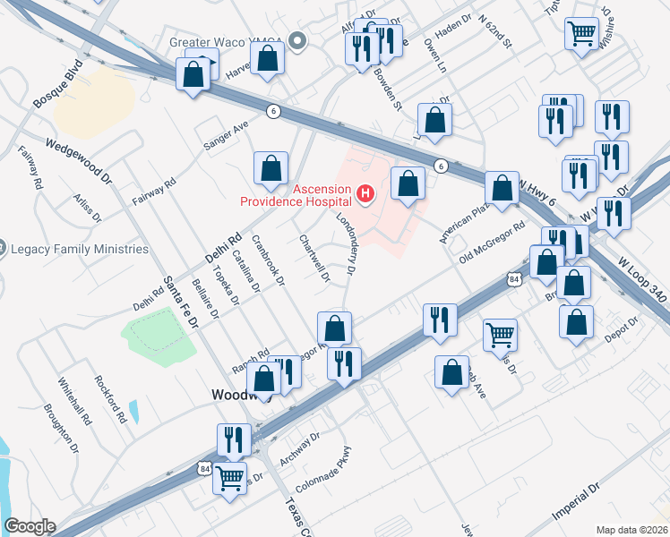 map of restaurants, bars, coffee shops, grocery stores, and more near 301 Chartwell Drive in Waco