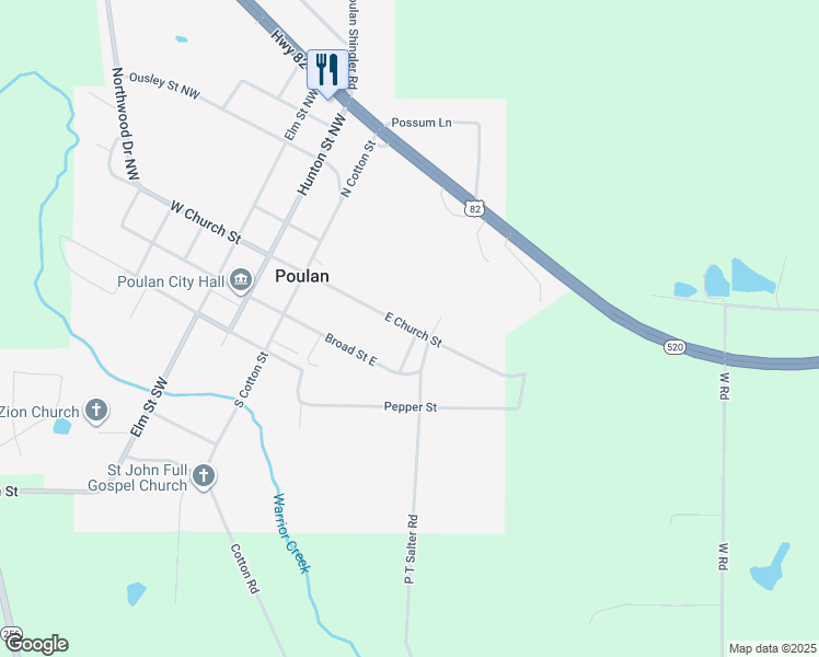 map of restaurants, bars, coffee shops, grocery stores, and more near East Church Street in Poulan