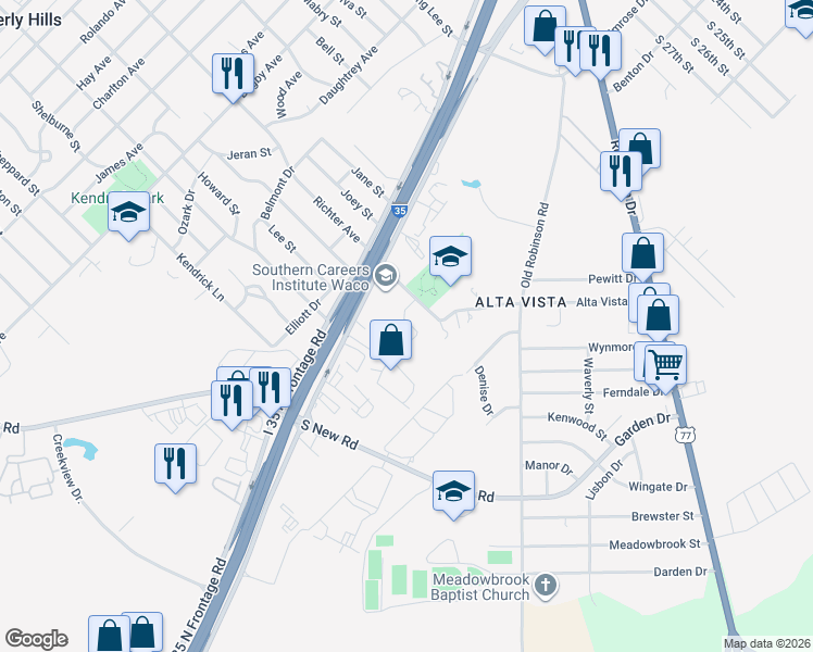 map of restaurants, bars, coffee shops, grocery stores, and more near 3725 Vista Cove Drive in Waco