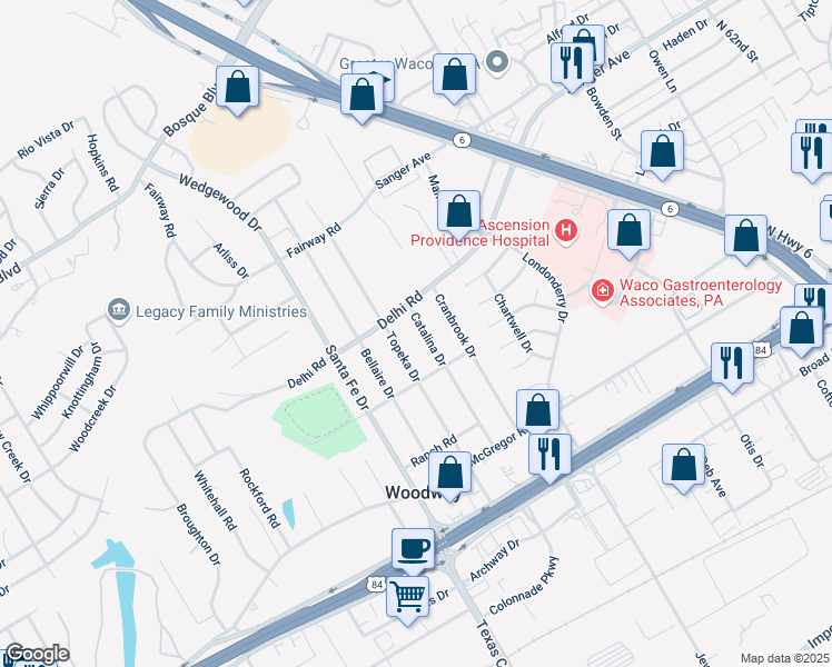 map of restaurants, bars, coffee shops, grocery stores, and more near 416 Topeka Drive in Waco