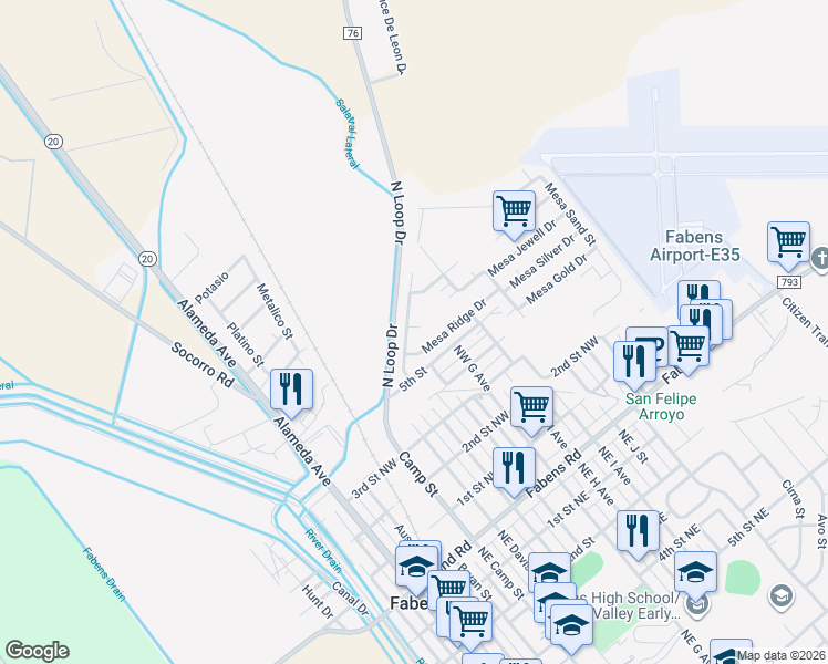map of restaurants, bars, coffee shops, grocery stores, and more near 16139 Mesa Rocks Street in Fabens