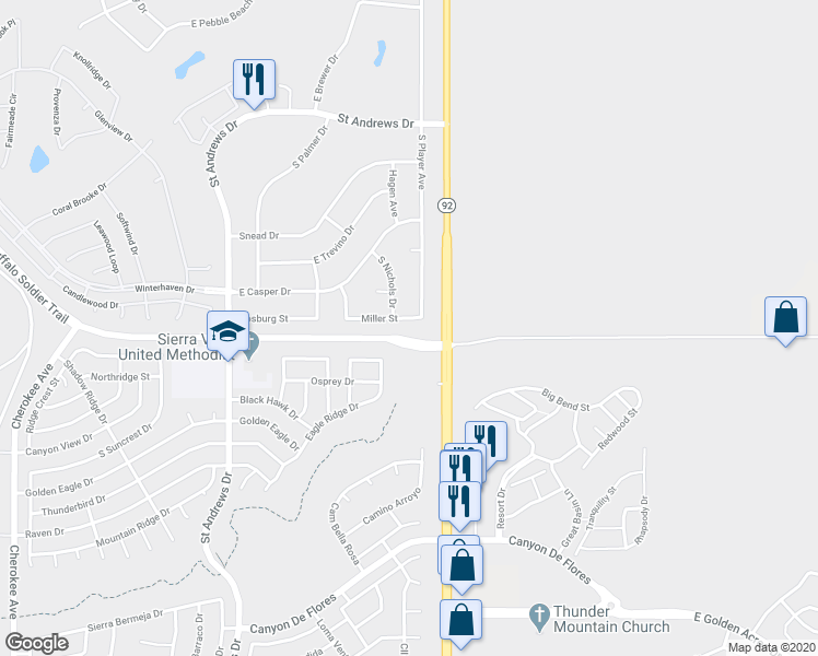 map of restaurants, bars, coffee shops, grocery stores, and more near 3822 East Miller Street in Sierra Vista
