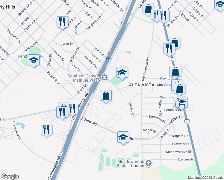 map of restaurants, bars, coffee shops, grocery stores, and more near 3747 Vista Cove Drive in Waco