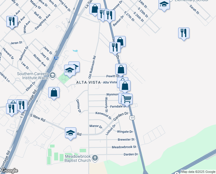 map of restaurants, bars, coffee shops, grocery stores, and more near 3328 Alta Vista Dr in Waco