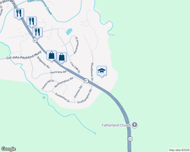 map of restaurants, bars, coffee shops, grocery stores, and more near 102 Woodhaven Drive in Natchez