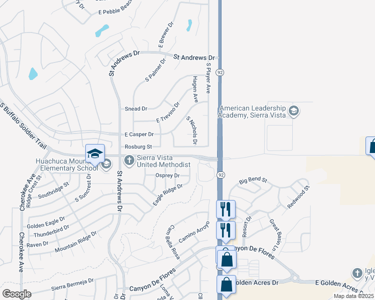 map of restaurants, bars, coffee shops, grocery stores, and more near 3716 Miller Street in Sierra Vista