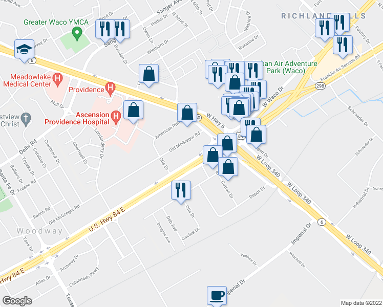 map of restaurants, bars, coffee shops, grocery stores, and more near 5903 Woodway Drive in Waco