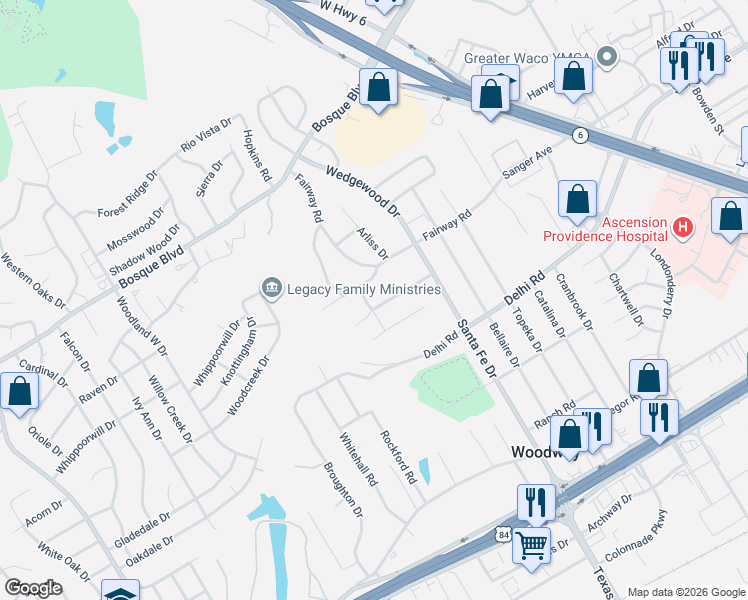 map of restaurants, bars, coffee shops, grocery stores, and more near 7720 Chadwick Road in Waco