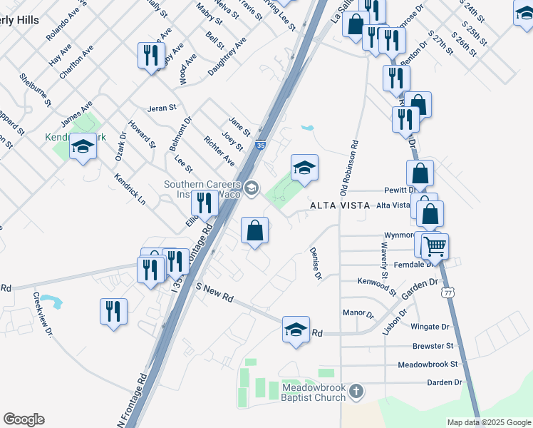 map of restaurants, bars, coffee shops, grocery stores, and more near 3747 Vista Cove Drive in Waco
