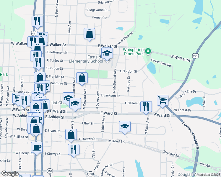 map of restaurants, bars, coffee shops, grocery stores, and more near 402 North McDonald Avenue in Douglas