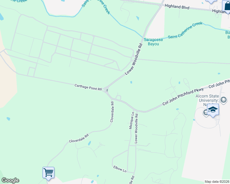 map of restaurants, bars, coffee shops, grocery stores, and more near 8 Oak Lane in Natchez