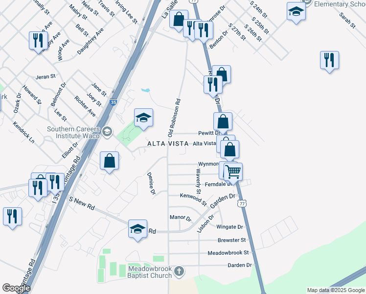map of restaurants, bars, coffee shops, grocery stores, and more near 3424 Alta Vista Dr in Waco