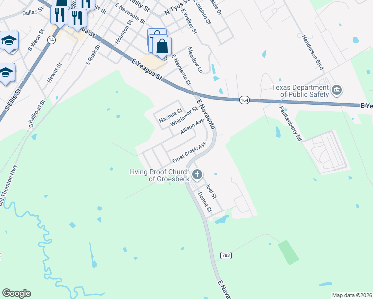 map of restaurants, bars, coffee shops, grocery stores, and more near 120 Rocky Creek Avenue in Groesbeck