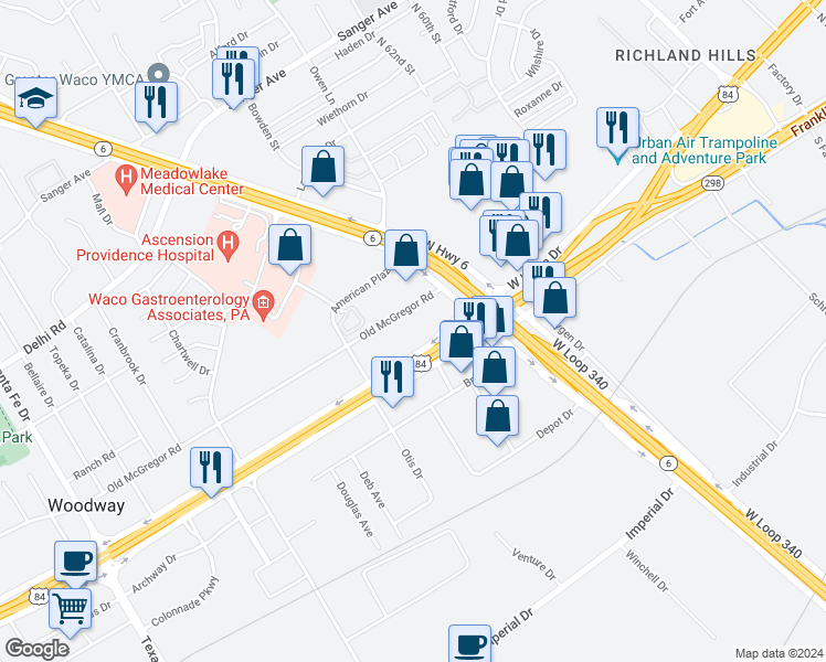 map of restaurants, bars, coffee shops, grocery stores, and more near 5903 Woodway Drive in Waco