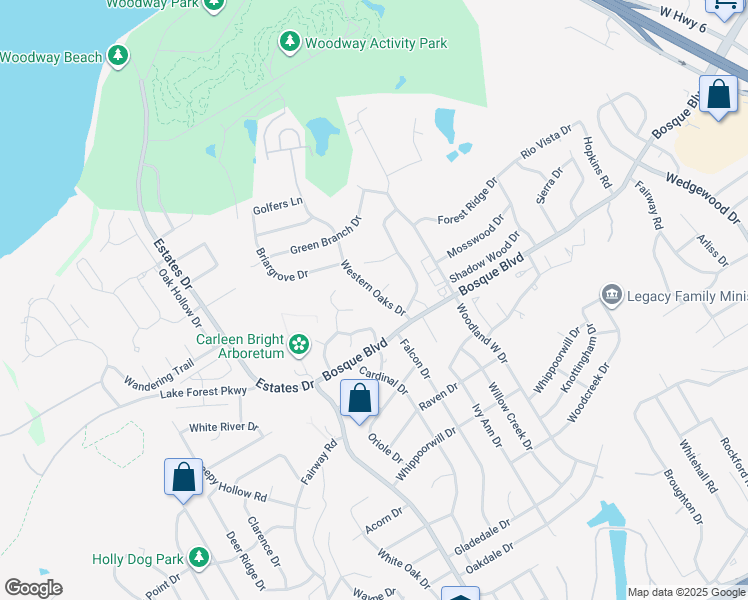 map of restaurants, bars, coffee shops, grocery stores, and more near 1140 Western Oaks Drive in Waco