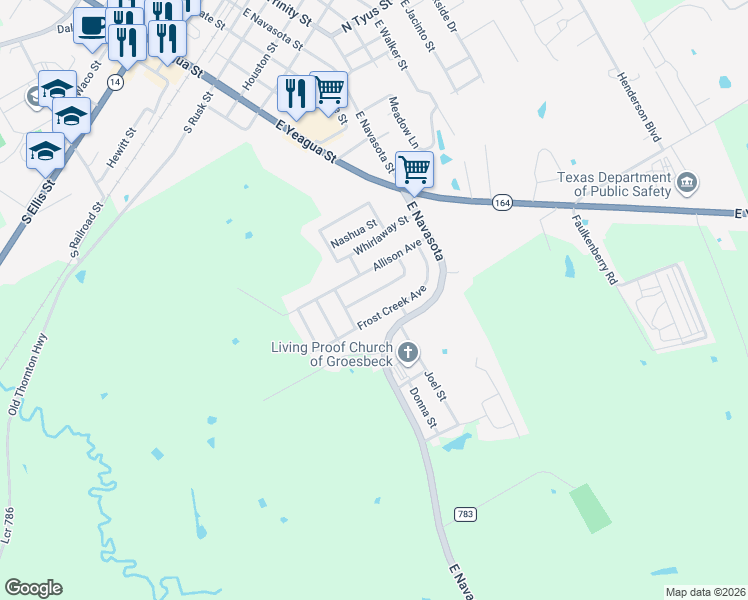 map of restaurants, bars, coffee shops, grocery stores, and more near 120 Rocky Creek Avenue in Groesbeck