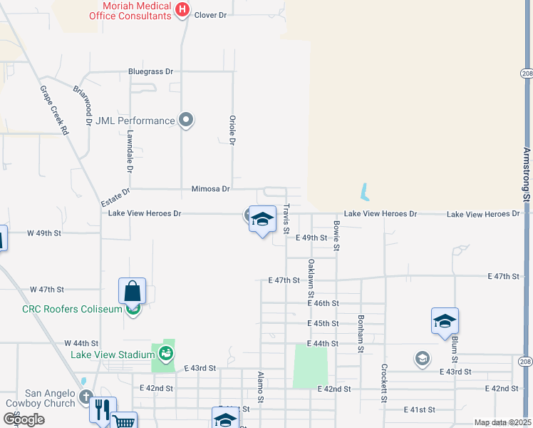 map of restaurants, bars, coffee shops, grocery stores, and more near 255 Lake View Heroes Drive in San Angelo