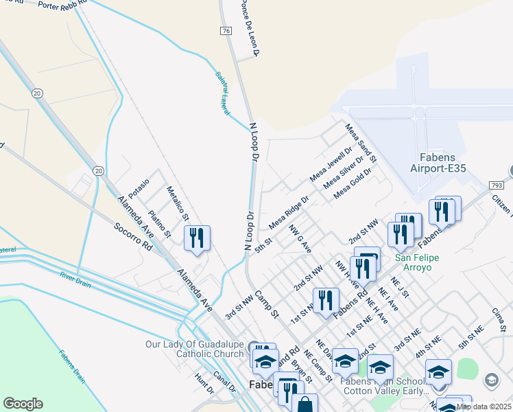 map of restaurants, bars, coffee shops, grocery stores, and more near 16136 Mesa Rocks Street in Fabens
