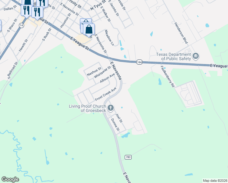 map of restaurants, bars, coffee shops, grocery stores, and more near 113 Frost Creek Avenue in Groesbeck