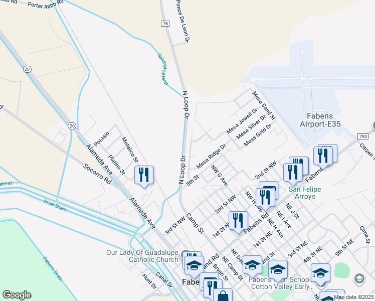 map of restaurants, bars, coffee shops, grocery stores, and more near 16136 Mesa Rocks Street in Fabens