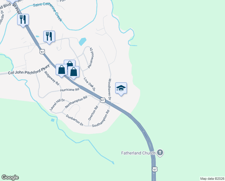 map of restaurants, bars, coffee shops, grocery stores, and more near 102 Woodhaven Drive in Natchez