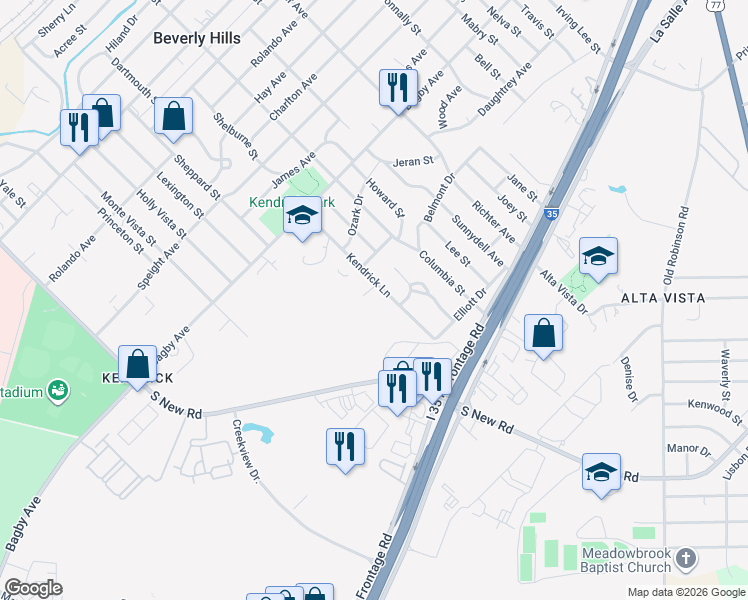 map of restaurants, bars, coffee shops, grocery stores, and more near 2113 Kendrick Ln in Waco