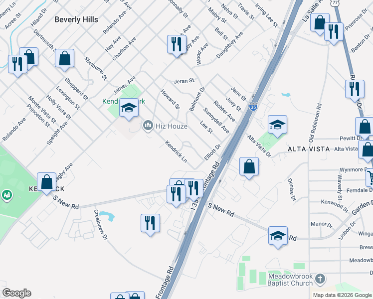 map of restaurants, bars, coffee shops, grocery stores, and more near 2305 Los Arboles Lane in Waco
