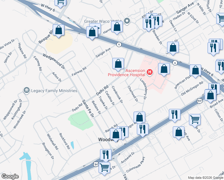 map of restaurants, bars, coffee shops, grocery stores, and more near 448 Cranbrook Drive in Waco