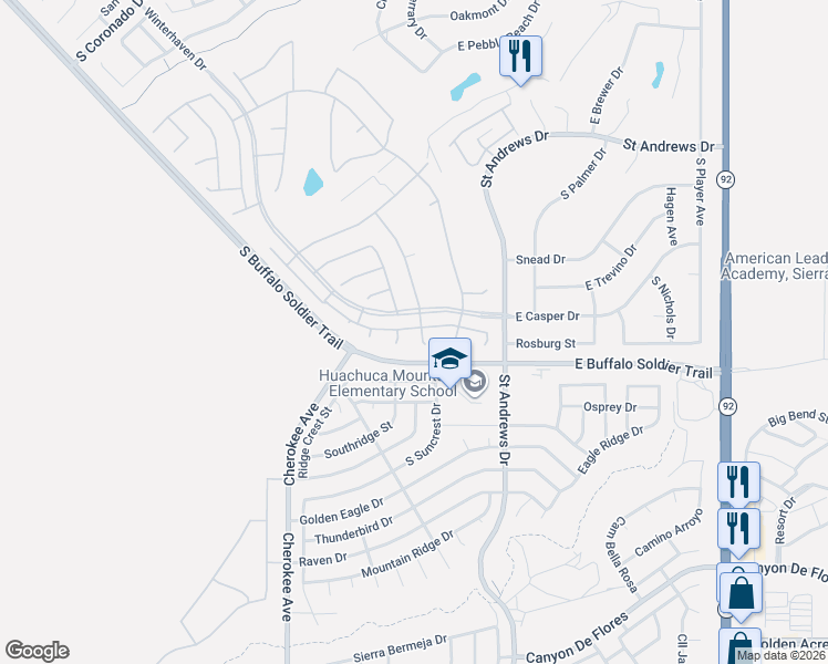 map of restaurants, bars, coffee shops, grocery stores, and more near 2862 Softwind Court in Sierra Vista