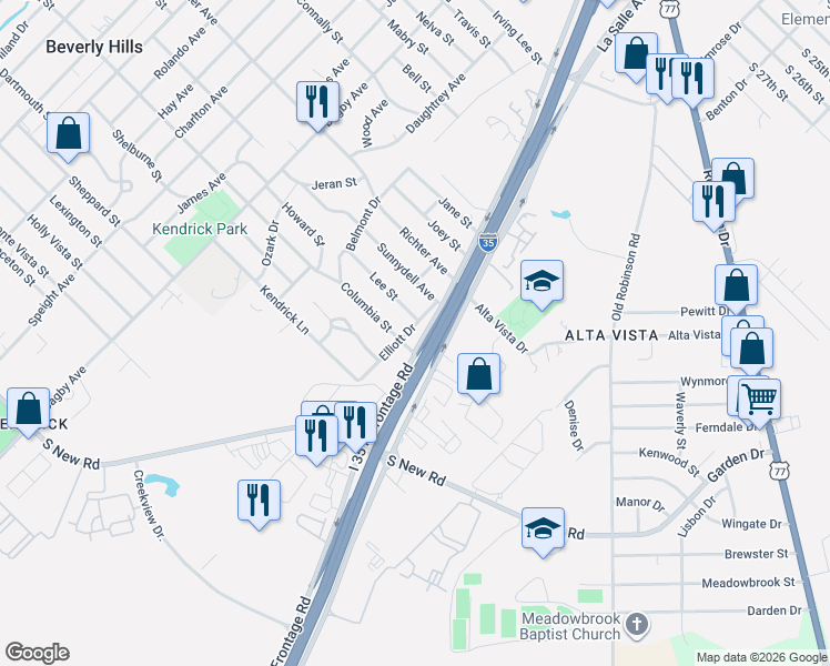 map of restaurants, bars, coffee shops, grocery stores, and more near 3816 Elliott Drive in Waco