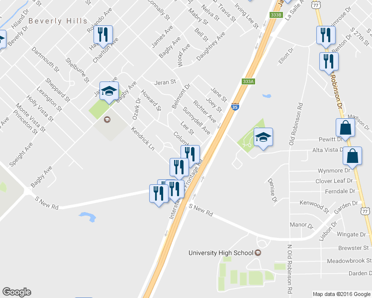 map of restaurants, bars, coffee shops, grocery stores, and more near 2325 Columbia St in Waco