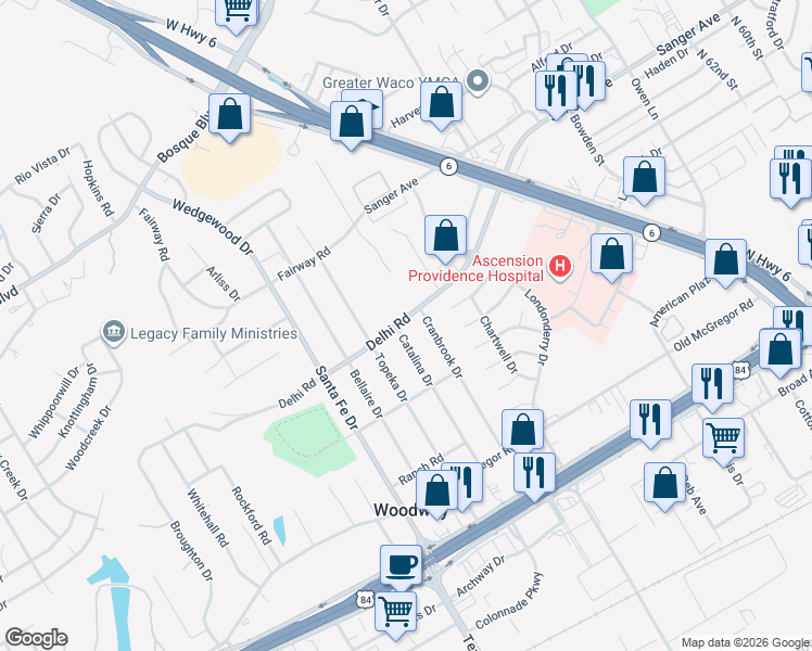 map of restaurants, bars, coffee shops, grocery stores, and more near 448 Cranbrook Drive in Waco