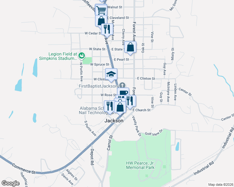 map of restaurants, bars, coffee shops, grocery stores, and more near 205 College Avenue in Jackson