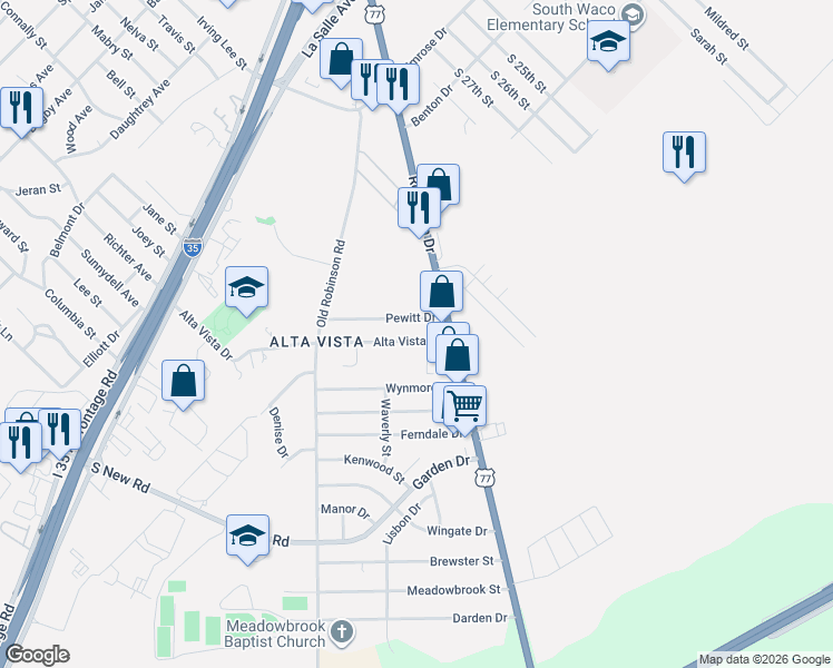 map of restaurants, bars, coffee shops, grocery stores, and more near 3216 Alta Vista Drive in Waco