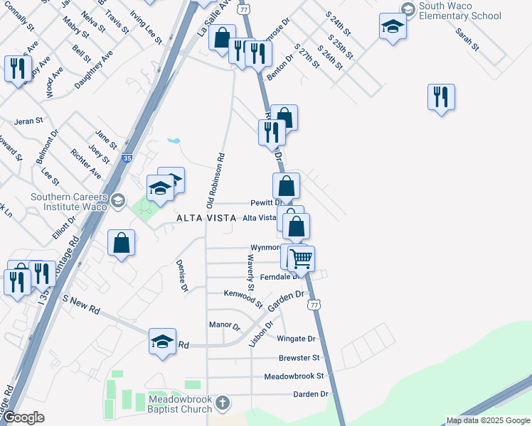 map of restaurants, bars, coffee shops, grocery stores, and more near 3328 Alta Vista Drive in Waco