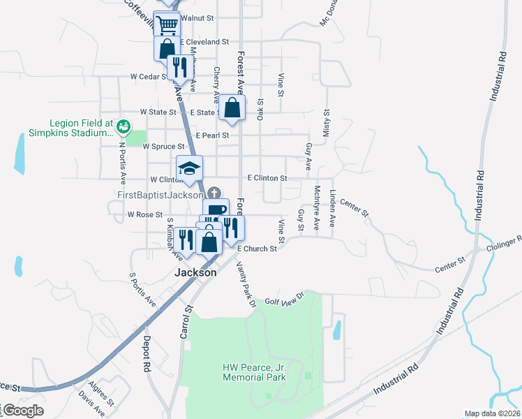 map of restaurants, bars, coffee shops, grocery stores, and more near 300-398 East Rose Street in Jackson