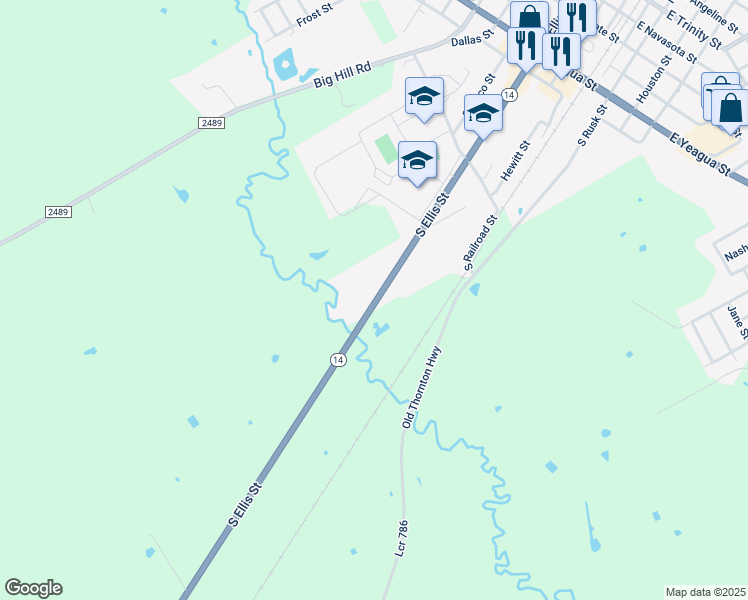 map of restaurants, bars, coffee shops, grocery stores, and more near 920 South Ellis Street in Groesbeck