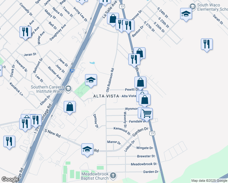 map of restaurants, bars, coffee shops, grocery stores, and more near 3424 Alta Vista Drive in Waco