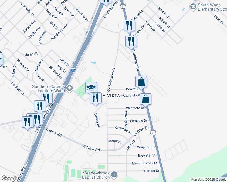 map of restaurants, bars, coffee shops, grocery stores, and more near 3424 Alta Vista Drive in Waco