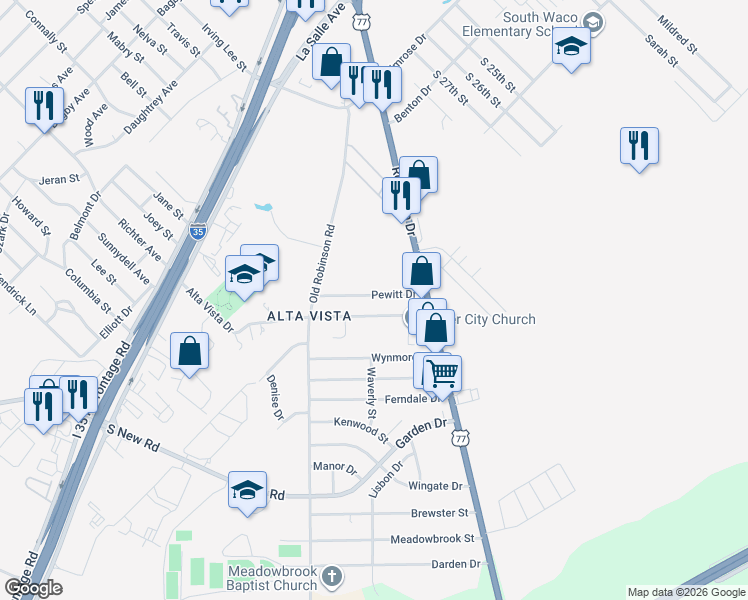 map of restaurants, bars, coffee shops, grocery stores, and more near 3328 Alta Vista Drive in Waco