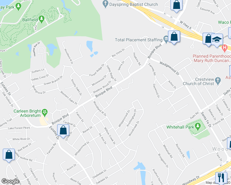 map of restaurants, bars, coffee shops, grocery stores, and more near 49 Sugar Creek Place in Waco