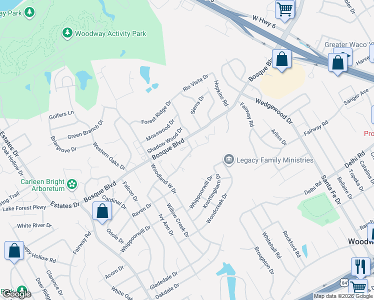 map of restaurants, bars, coffee shops, grocery stores, and more near 46 Sugar Creek Place in Woodway