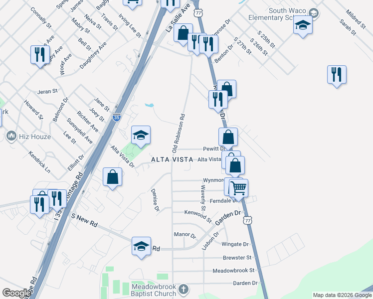 map of restaurants, bars, coffee shops, grocery stores, and more near 3429 Pewitt Drive in Waco