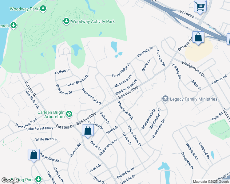 map of restaurants, bars, coffee shops, grocery stores, and more near 8289 Mosswood Drive in Woodway