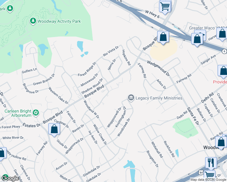 map of restaurants, bars, coffee shops, grocery stores, and more near 68 Sugar Creek Place in Waco