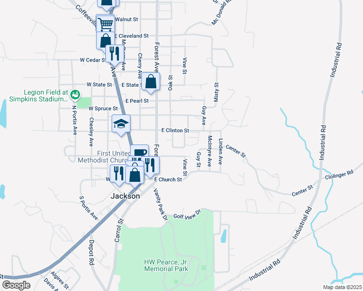 map of restaurants, bars, coffee shops, grocery stores, and more near 301 Wilson Court in Jackson