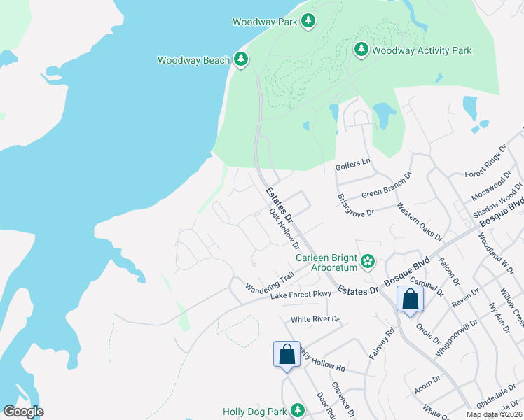 map of restaurants, bars, coffee shops, grocery stores, and more near 1601 Oak Hollow Drive in Waco