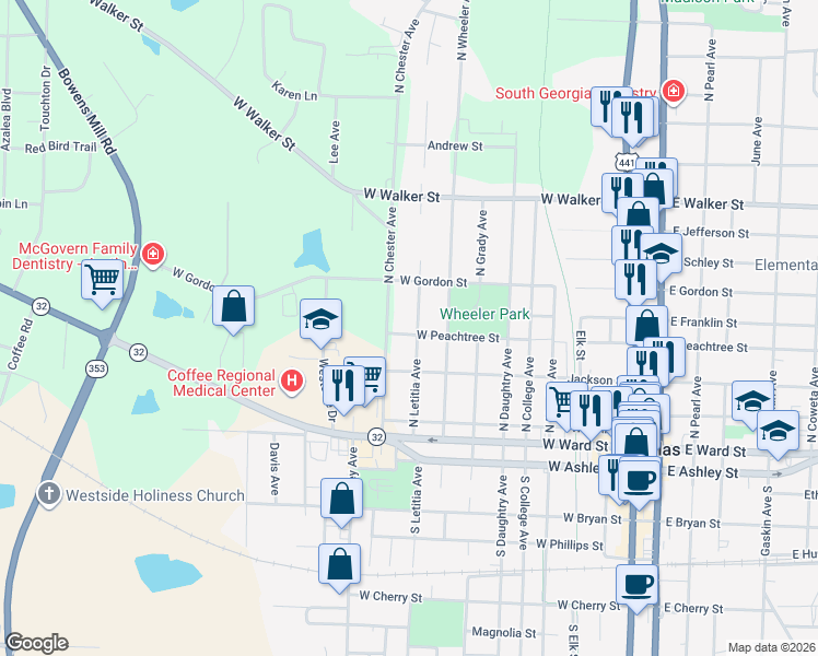 map of restaurants, bars, coffee shops, grocery stores, and more near 408 North Chester Avenue in Douglas
